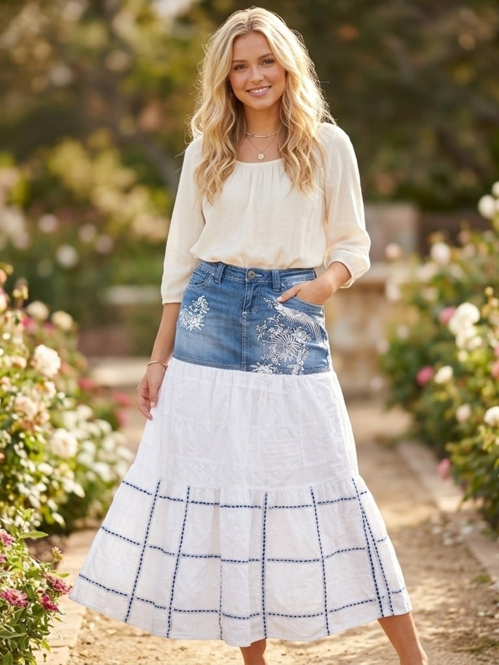 Embroidered Denim Waist White Tiered Maxi Skirt